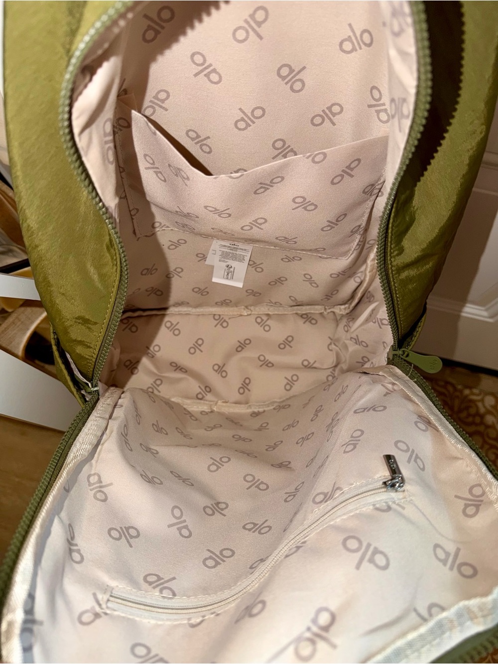 ALO Yoga Olive Green Backpack with Tan Pocket Accent - Picture 13 of 13